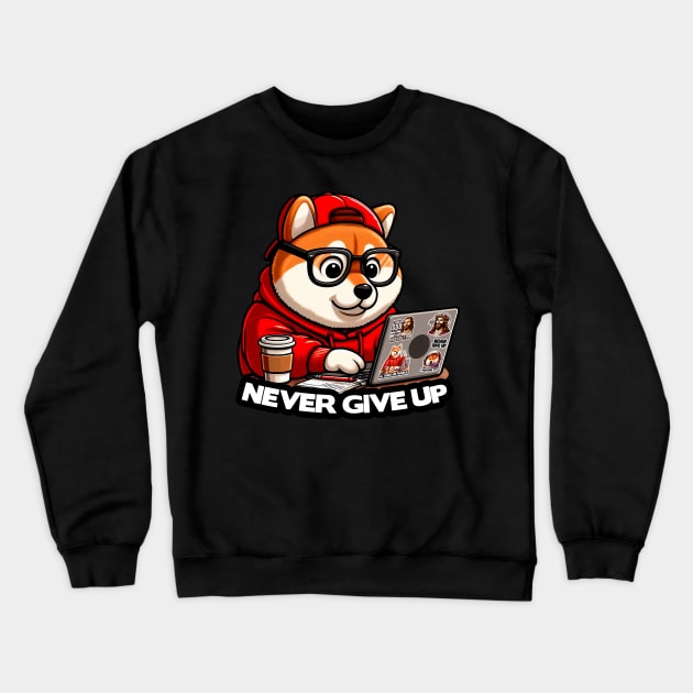 Never Give Up Shiba Inu Dog Laptop Homework Hardworking Study Hard Crewneck Sweatshirt by Plushism